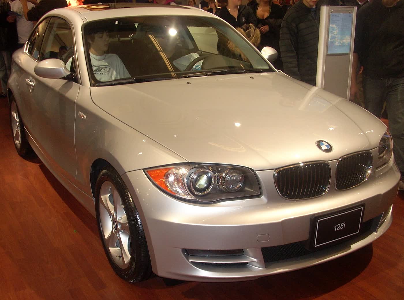 A BMW 128i coupe on display at a motor show
