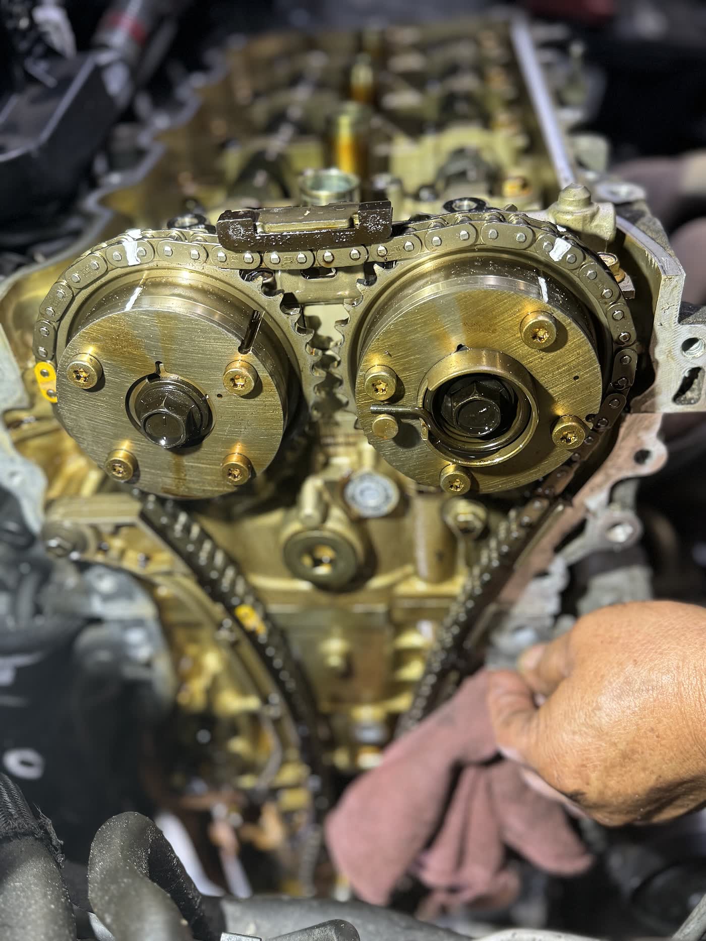 An engine with its timing cover removed, showing a timing chain looped over two camshaft sprockets with a plastic chain guide lying against the top of the chain