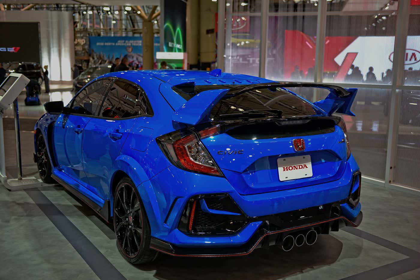 A Honda Civic Type R parked, three-quarter view