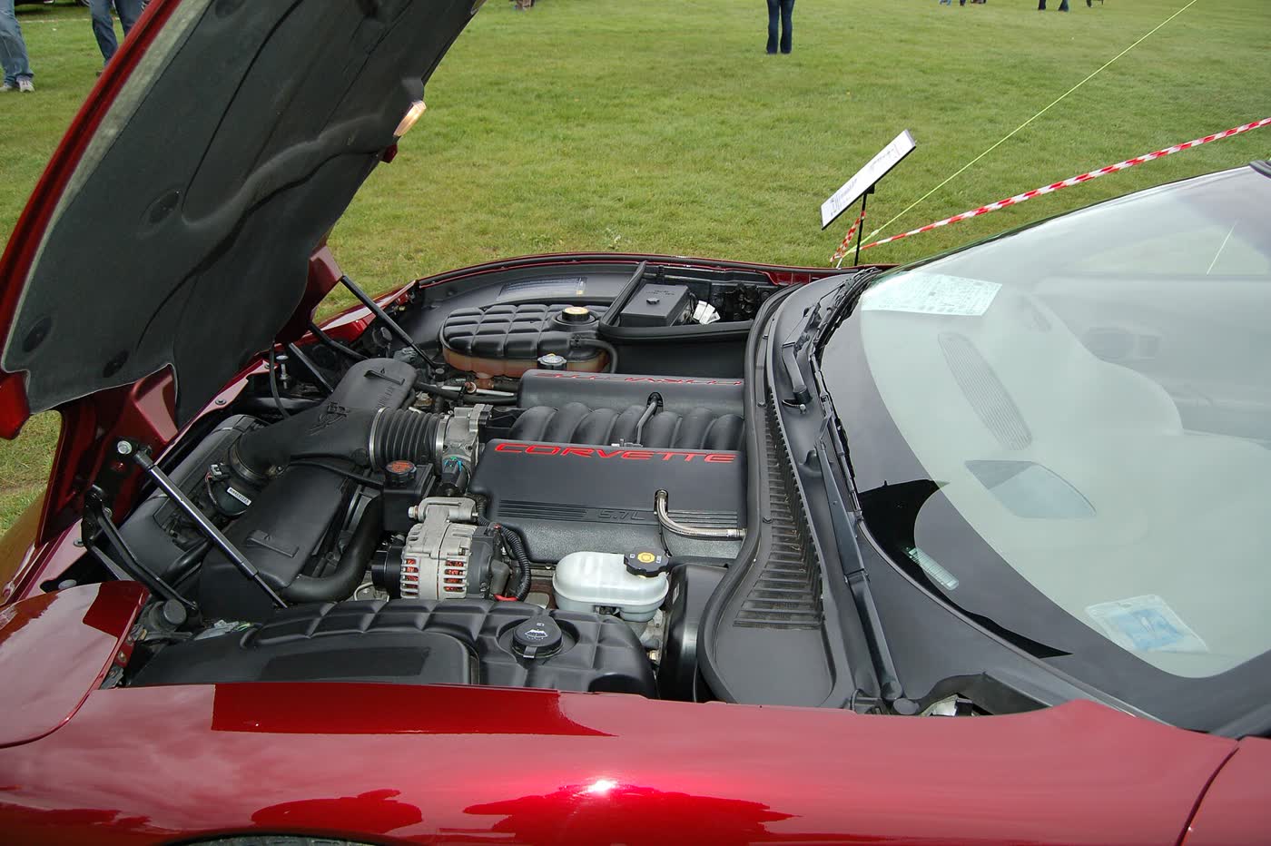 The engine bay of a Chevrolet Corvette C5 with the hood raised, showing the LS1 V8 and its Corvette cam covers