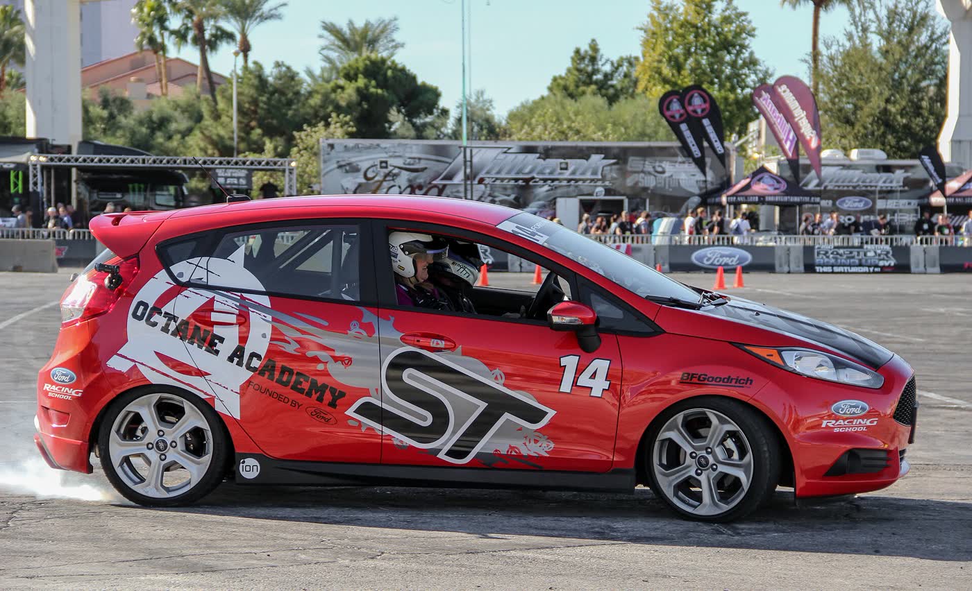 A Ford Fiesta ST in competition livery on display at SEMA