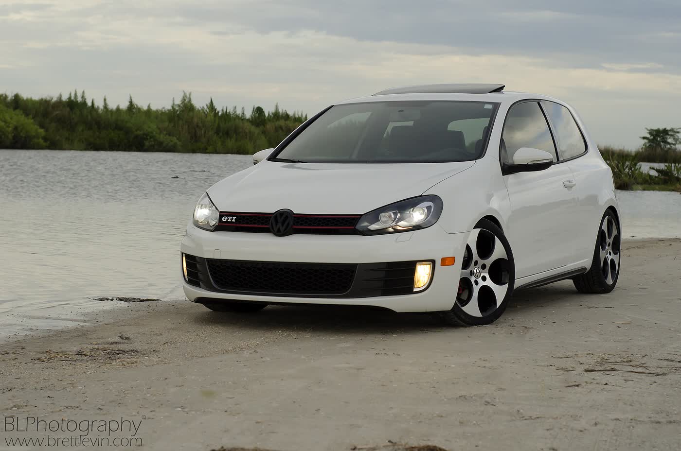 A Volkswagen Golf GTI Mk6 hatchback photographed outdoors, three-quarter view