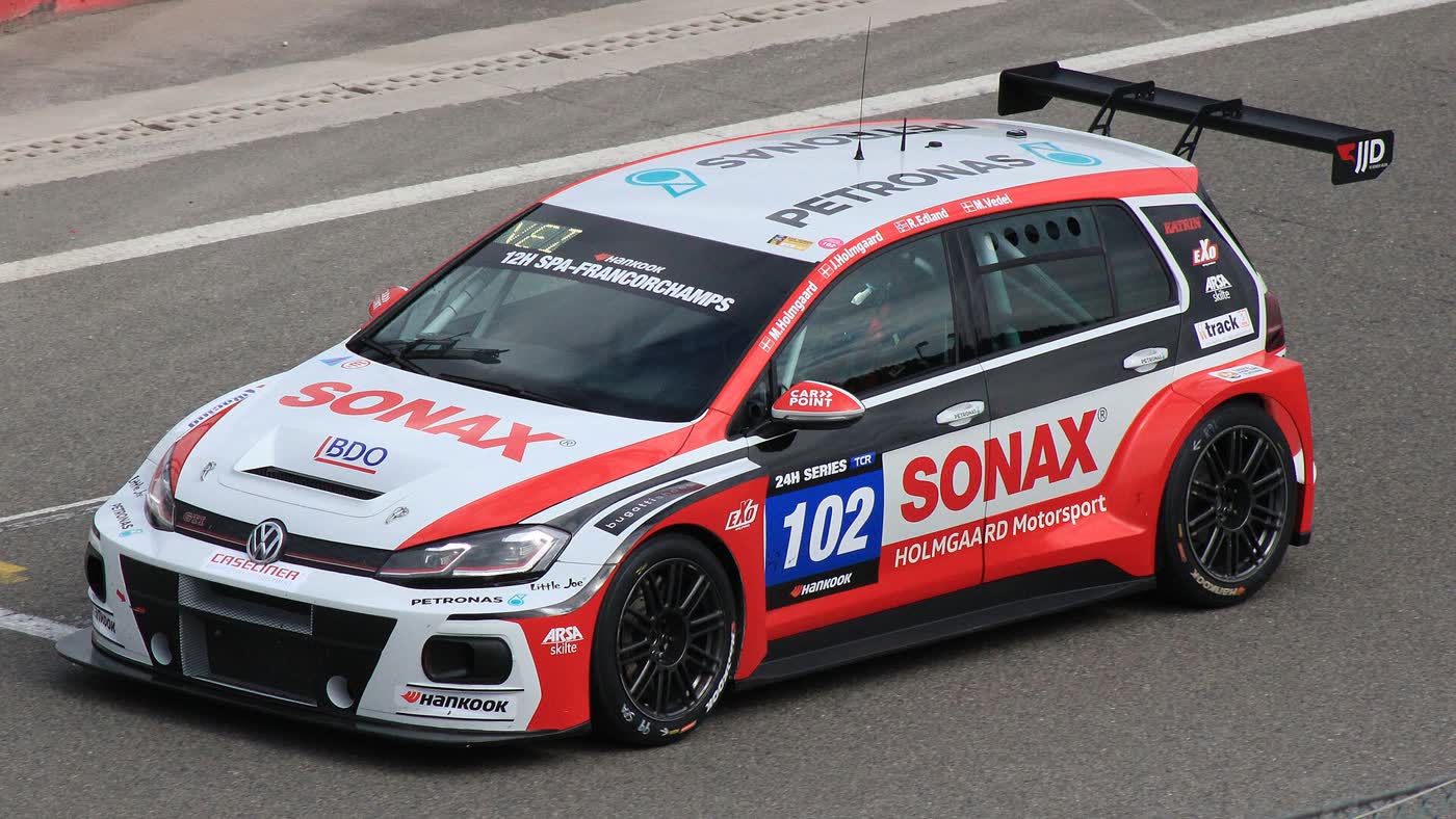 A Volkswagen Golf GTI TCR race car on circuit during a 24H Series round at Spa
