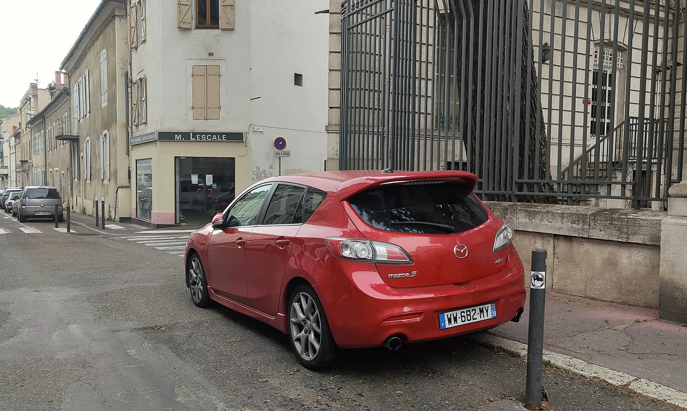 A Mazda 3 MPS hatchback, the European name for the Mazdaspeed3, three-quarter view