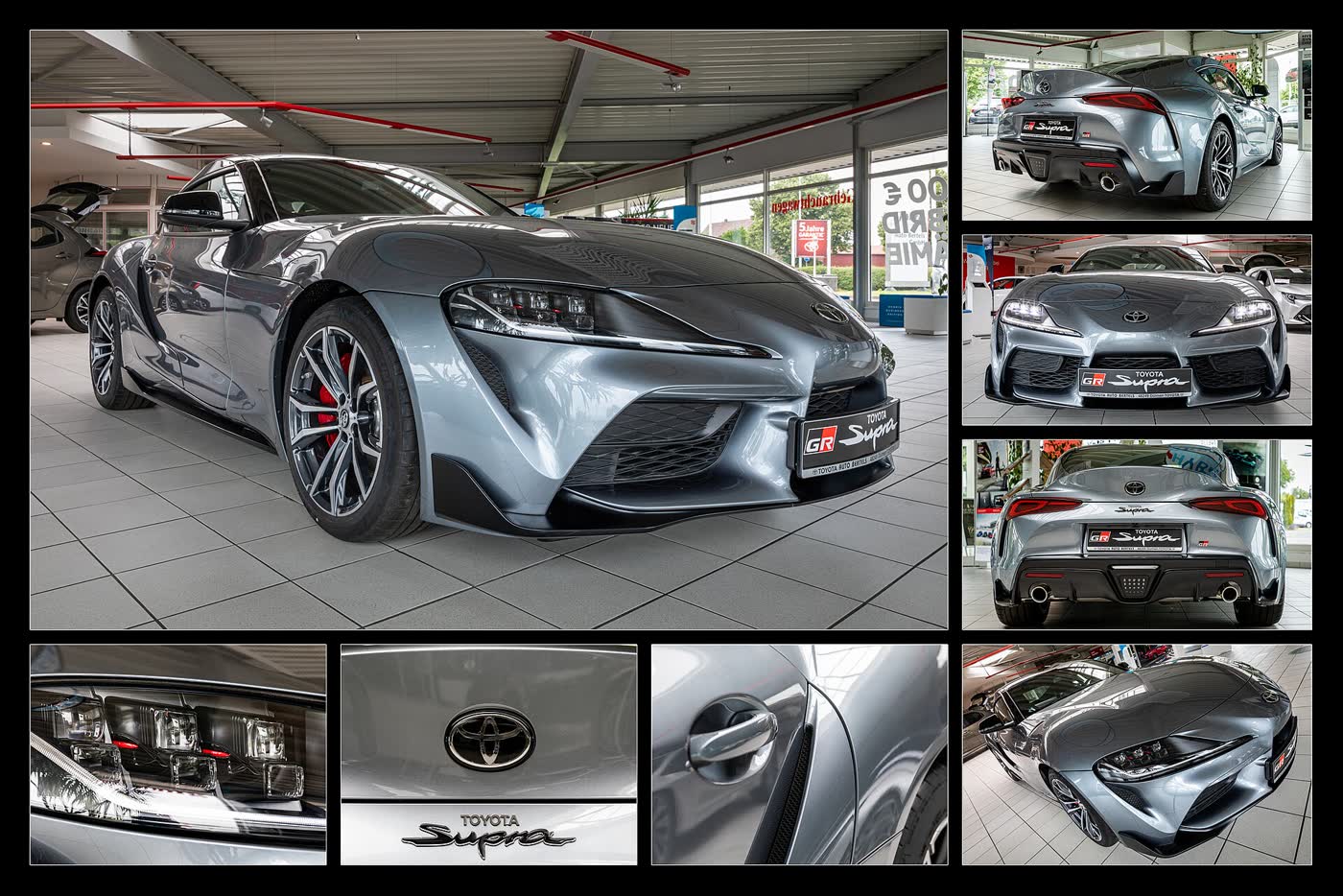 A Toyota GR Supra coupe, three-quarter view