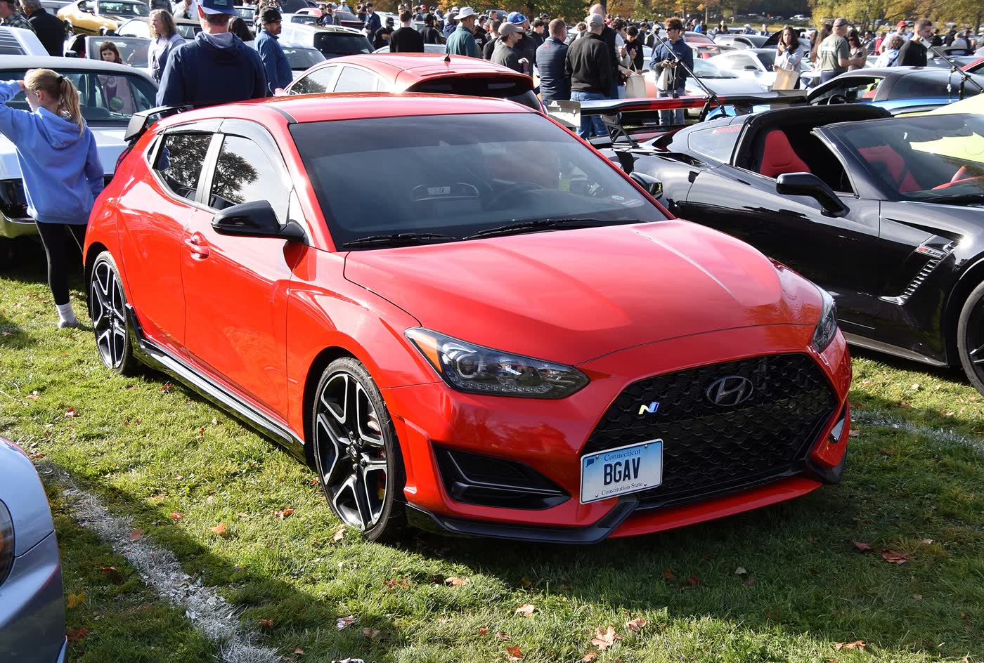 A Hyundai Veloster N parked outdoors, three-quarter view