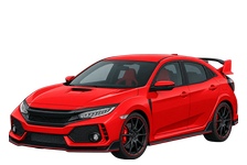 Illustration of a 2019 Honda Civic Type R FK8, five-door hatchback with a large rear wing and three centre-exit exhaust pipes, front three-quarter view