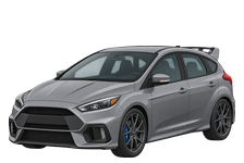 Illustration of a 2017 Ford Focus RS Mk3, five-door hatchback with a roof spoiler, front three-quarter view