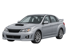 Illustration of a 2010 Subaru Impreza WRX four-door sedan with a bonnet scoop, front three-quarter view
